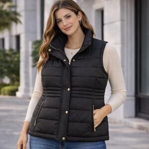 Johnston & Murphy Womens XL Black Quilted Puffer Vest Goose Down Feather Zip